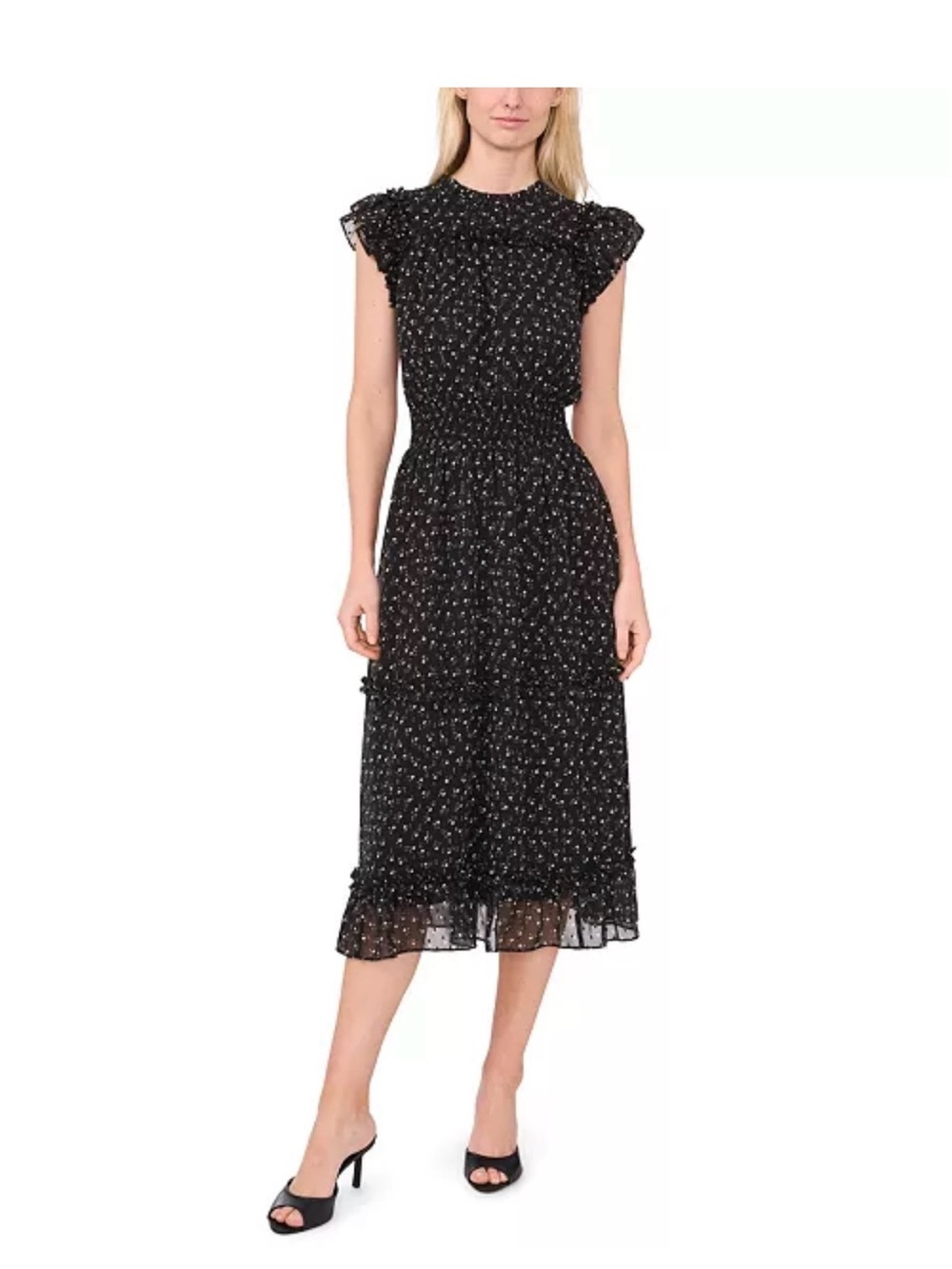 CeCe Black Floral Smocked Ruffle Midi Dress